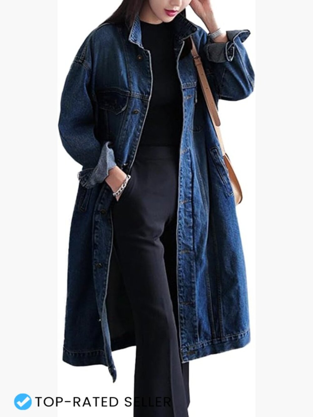 Plus Size Long Denim Jacket Button Down Trench Coat Oversized Classic Chic